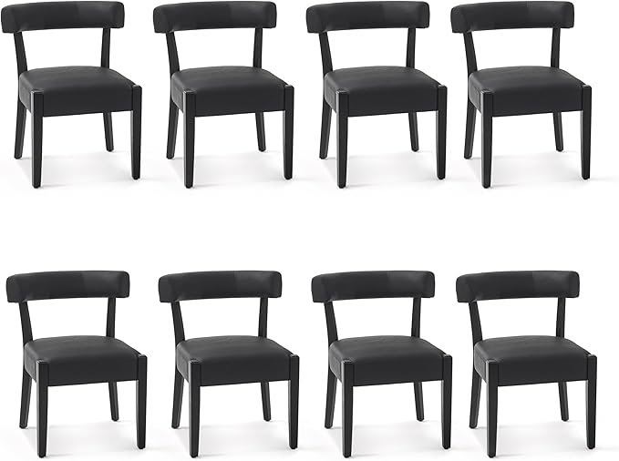 Modern Black Dining Chairs Set of 8, Faux Leather Upholstered Kitchen & Dining Room Chairs, Mid Century Modern Wooden Dining Chairs Oversized Sturdy Rounded Chairs Curved Back