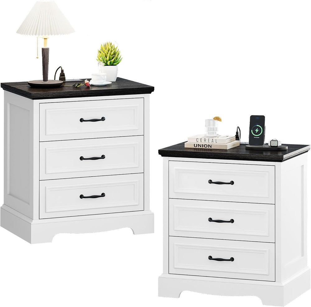 21.7W Farmhouse Nightstand Set of 2 with Charging Station,White End Table wit...