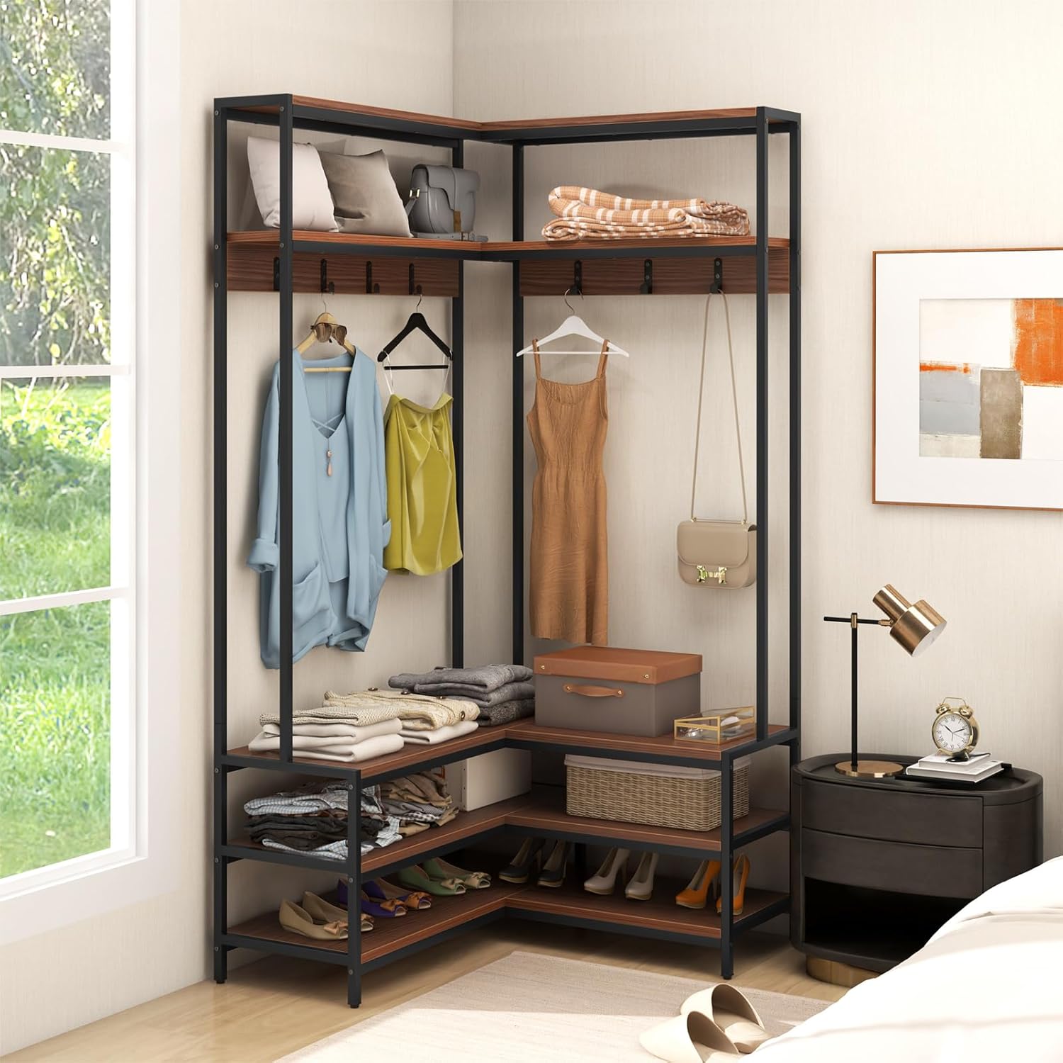 Tangkula Corner Hall Tree, 70 Inch Coat Rack with Bench and Shoe Storage, Entryway Furniture with 7 Hooks, Heavy Duty Metal Frame, Space Saving Clothes Rack Shoes Shelf Organizer (Brown)