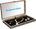 MOOCA Wooden Jewelry Display Case Tempered Glass Top Lid, Gemstone Display Case with Metal Clasp and Removable Black Luxurious MDF Velvet Jewelry Pad, Coffee Color