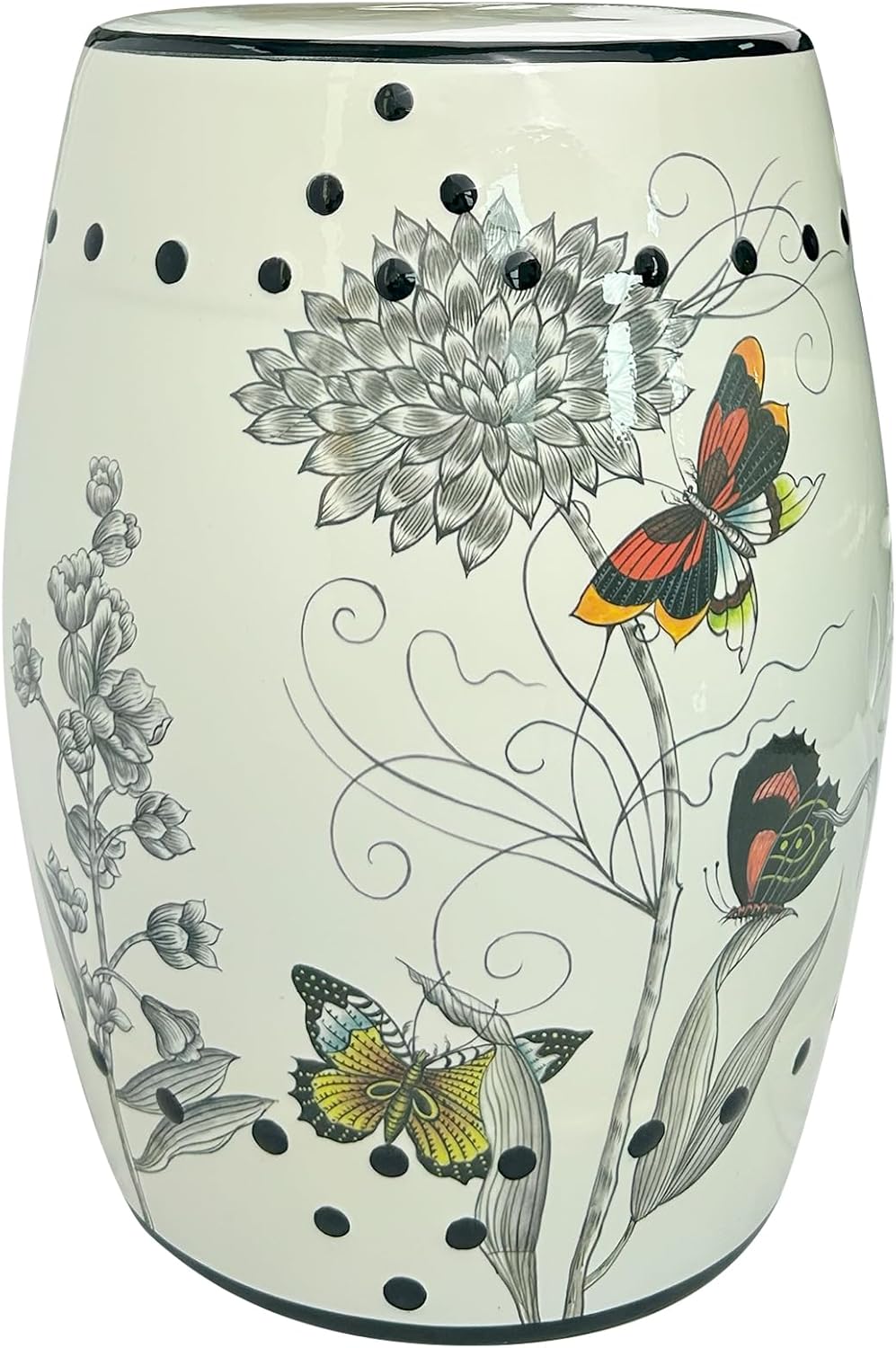 Hand-Painted Floral Bird Ceramic Drum Stool - Oriental Artistry Storage Ottom...