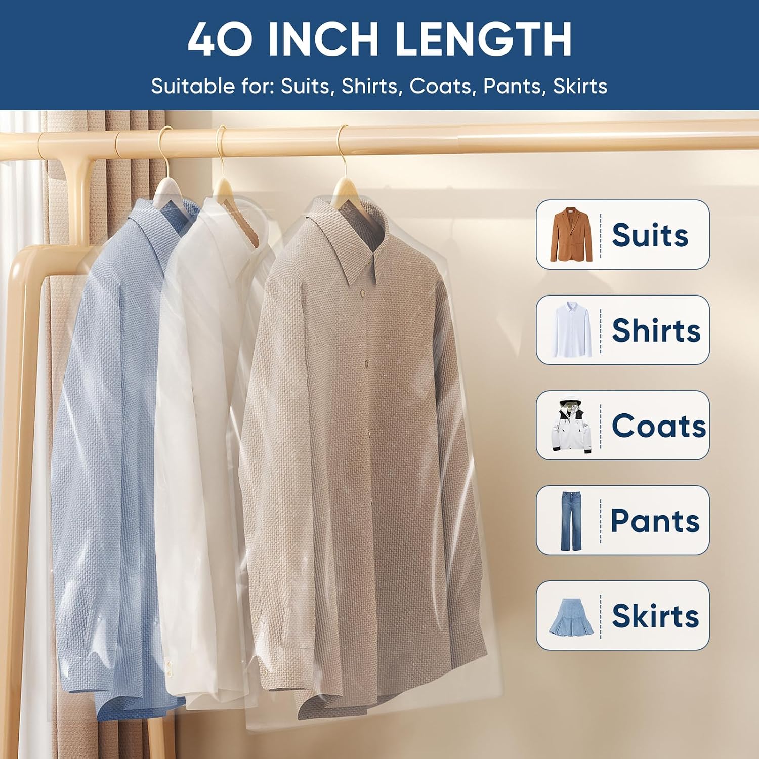 50 Pack 23.6"x40" Garment Bags for Hanging Clothes, Thick Clear Plastic Dry Cleaning Covers for Closet Storage & Travel