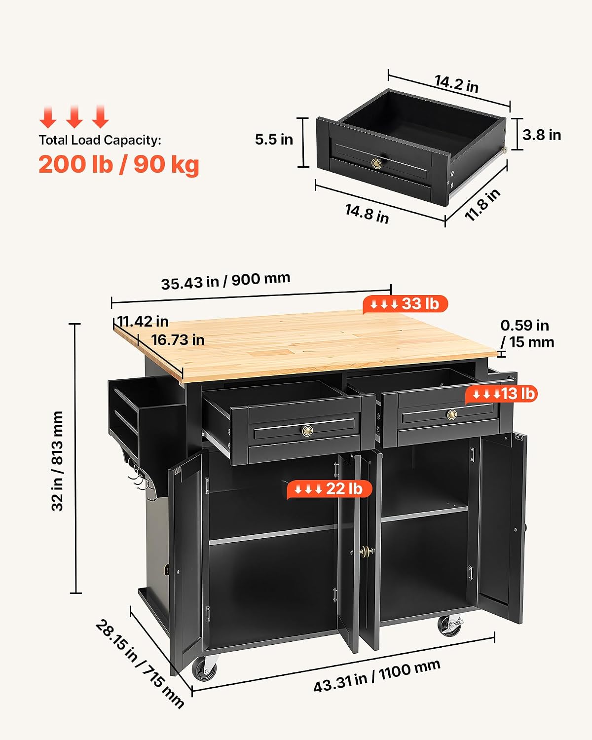 VEVOR Kitchen Island Cart, 35" Wood Top Mobile Carts with Storage Cabinet, Rolling Table with Drop Leaf, Spice Rack, Towel Bar, Adjustable Shelf, Drawer, and Hooks, Portable Islands on Wheels, Black