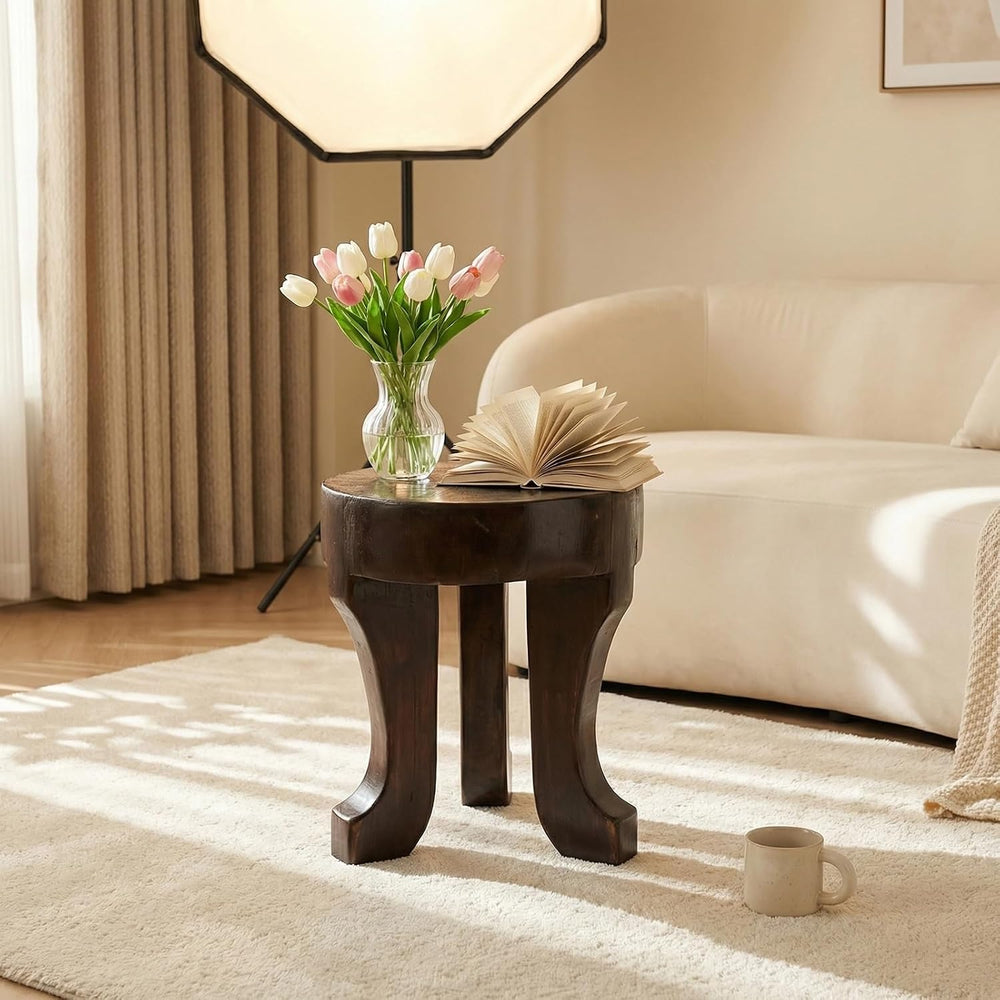 Rustic Round Wooden End Table, 13.5" H Dark Brown Solid Wood Accent Side...