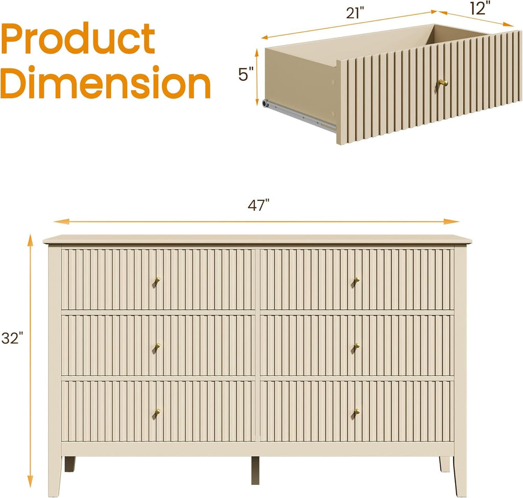 RoyalCraft Beige 6 Drawer Dresser, Fluted Modern Wood Chest of Drawers, Long Dresser for Bedroom TV Stand Storage Cabinet for Living Room