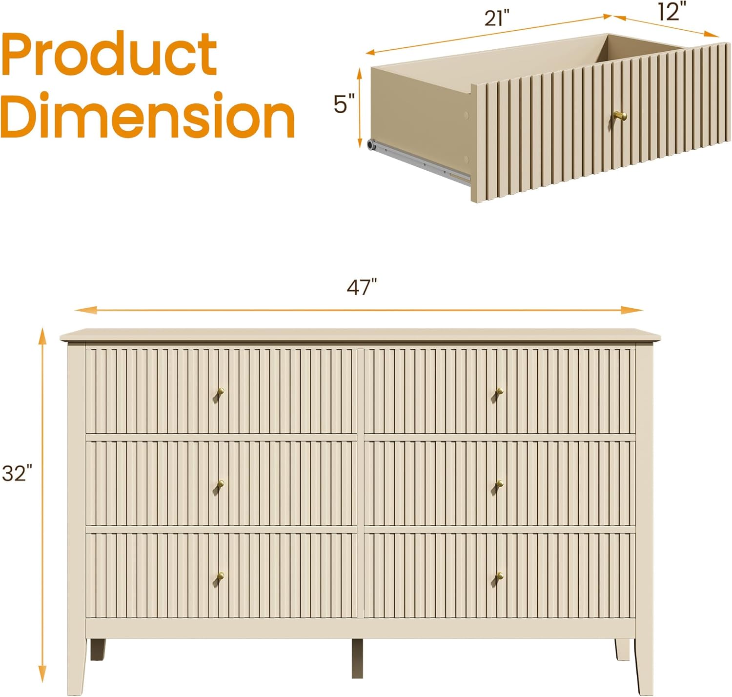 RoyalCraft Beige 6 Drawer Dresser, Fluted Modern Wood Chest of Drawers, Long Dresser for Bedroom TV Stand Storage Cabinet for Living Room