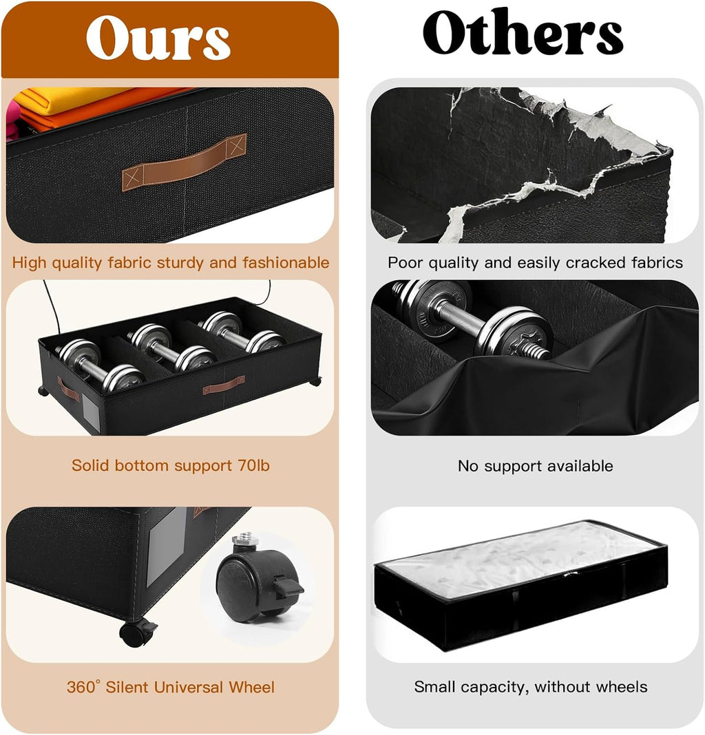 Under Bed Storage with Wheels, Rolling Under Bed Storage Containers with Clear Lid and Handles for Clothes, Shoes, Blankets, Pillows, Toys, Books, Bags (60L, 30.9 x 16.9 x 6.7in, Black, 2 Pack)