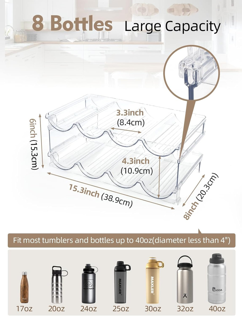 Water Bottle Organizer - 2 Pack Clear Stackable Storage Rack for Stanley Yeti and Other Tumblers - 2 Tier Wine Rack Holds 8 for Kitchen Cabinets