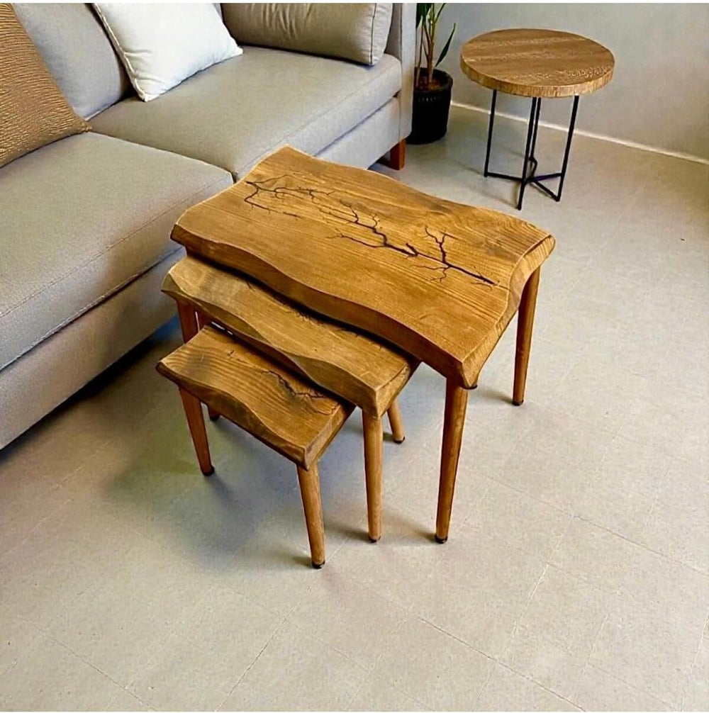 SODEF Handmade Walnut Wood Side Table Set, 3-Piece Nesting Tables, Wood Grain...