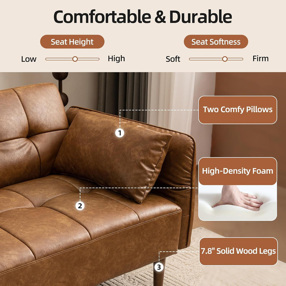 HALLYBEE 85" Futon Faux Leather Couch with Adjustable Armrests Brown | F...