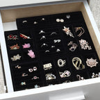 DesignSter Small Jewelry Tray-Ring Organizer 2PCS Premium Velvet Rings Earrings Display Tray Storage Insert Holder for Jewelry Box, Drawer, Dresser (4 Grids, Black)