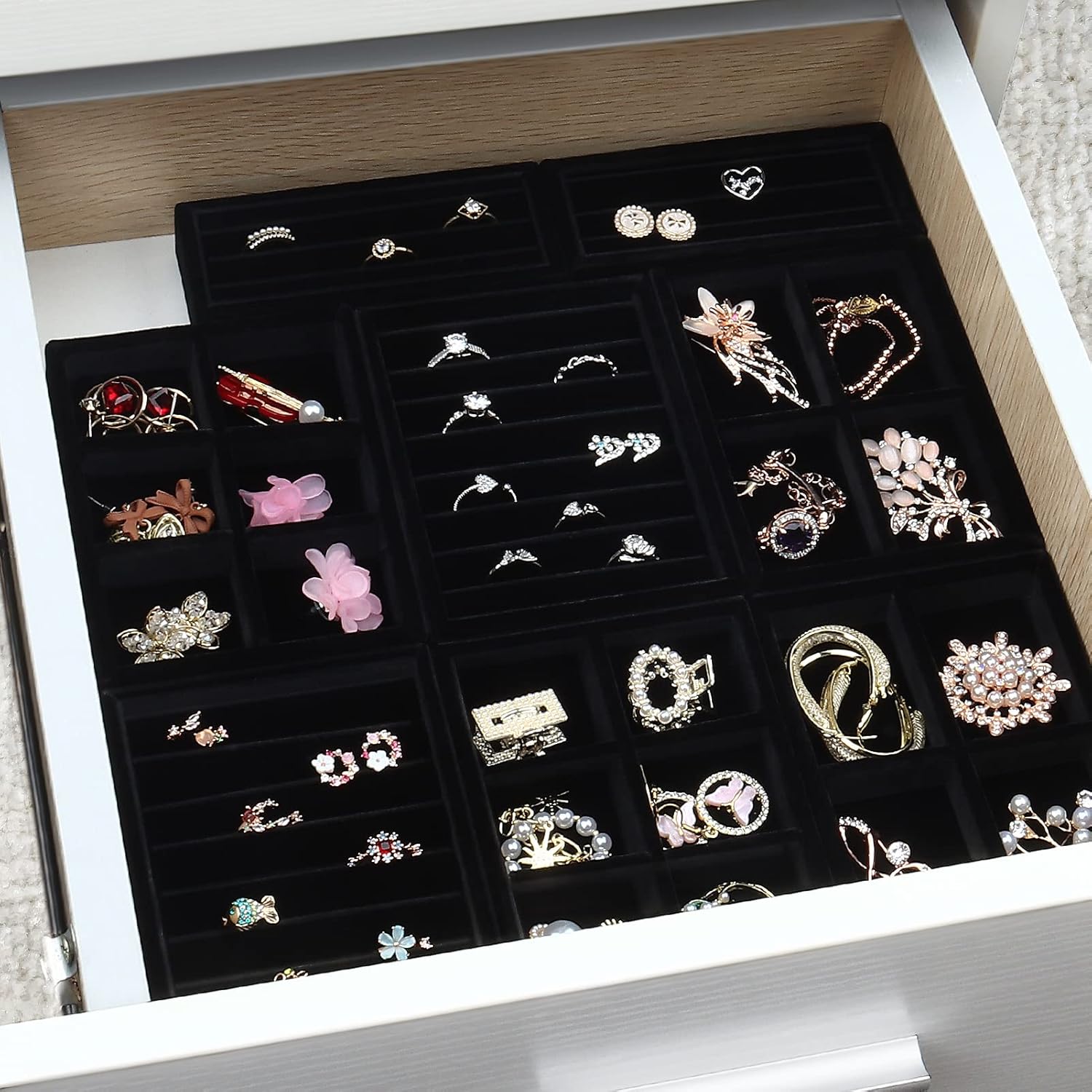 DesignSter Small Jewelry Tray-Ring Organizer 2PCS Premium Velvet Rings Earrings Display Tray Storage Insert Holder for Jewelry Box, Drawer, Dresser (4 Grids, Black)