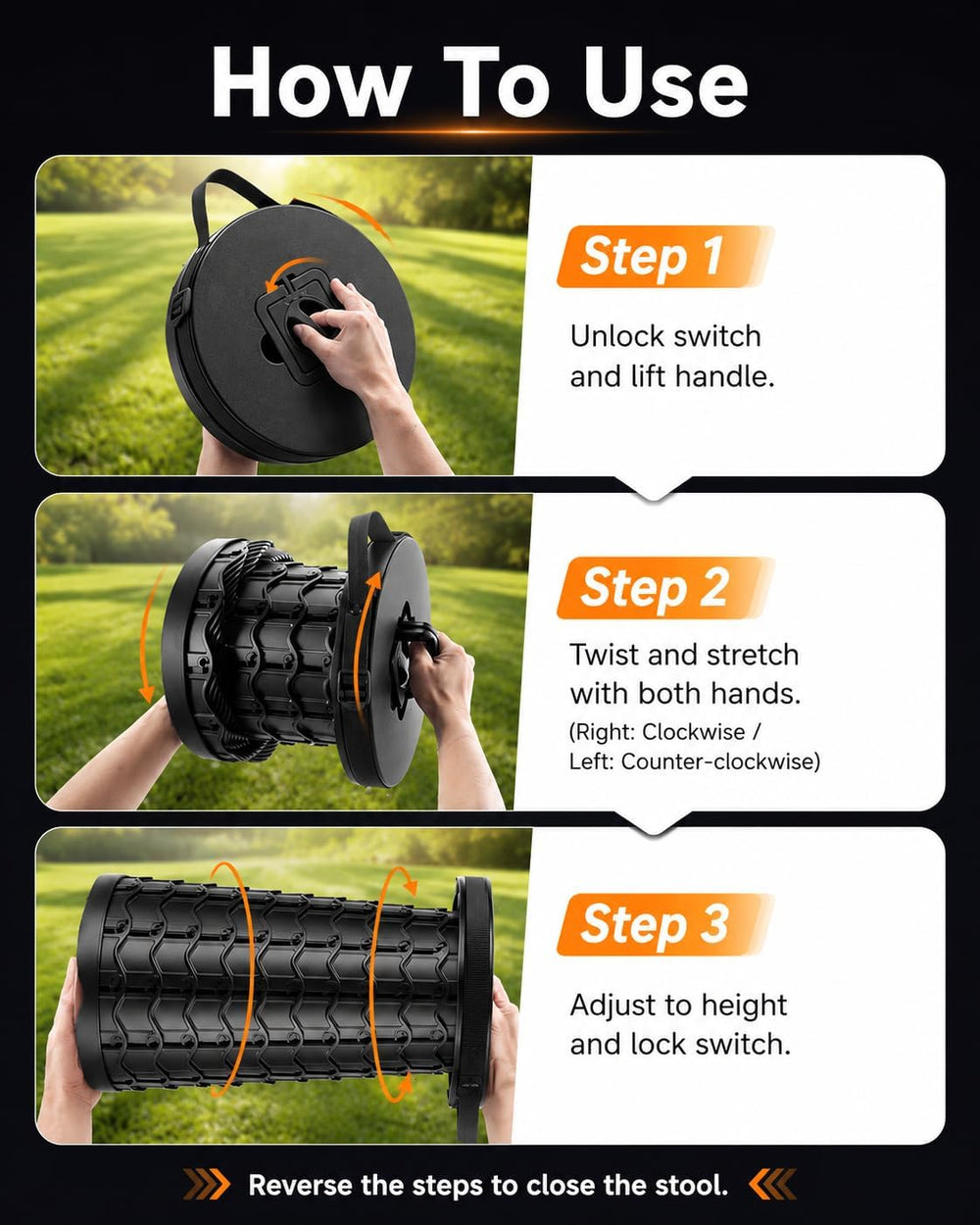 Portable Collapsible Stool with Lock for Camping, Fishing Black