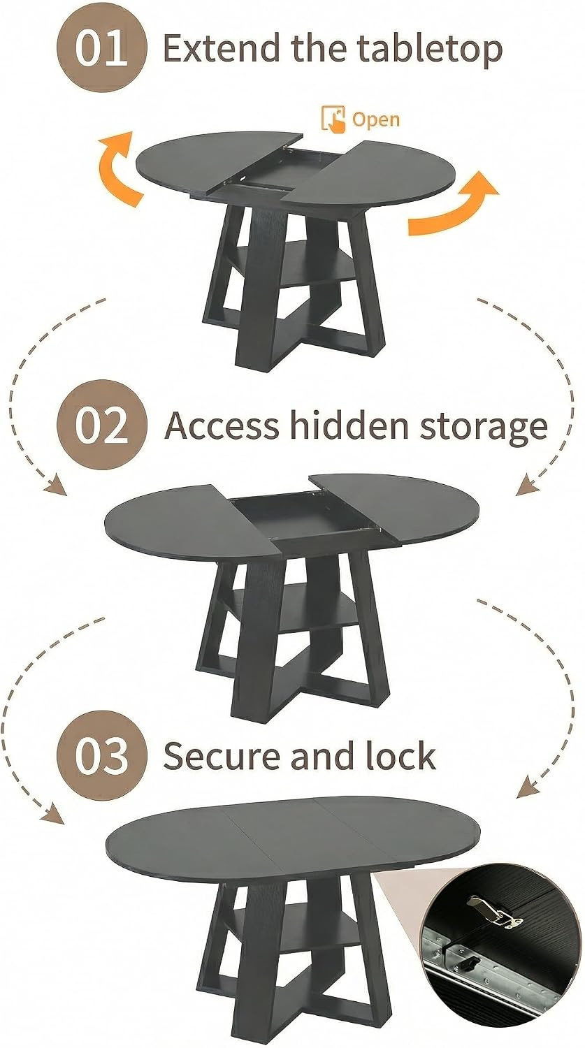43.3"-59" Round Extendable Dining Table for 4-6 Modern Black Wood K...
