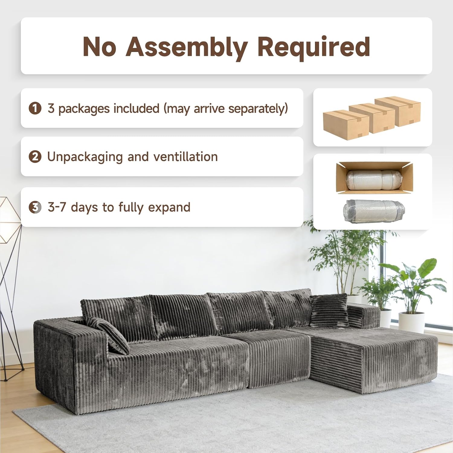 Upgrade 138’’ L Shape Cloud Couch, Plush Corduroy Sectional Sofa with Chaise, Boneless Couches for Living Room Bedroom, No Assembly Required (Khaki, 138'' Right Facing Chaise)