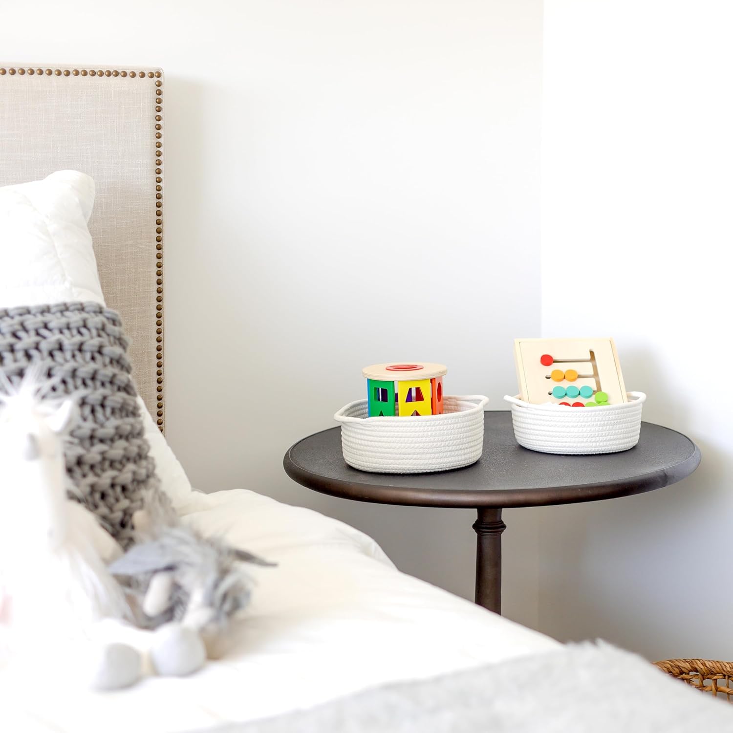 5-Piece Round Woven Cotton Rope Storage Baskets for Organizing, Small Shallow Nesting Set for Montessori Toys, Entryway Catchall, Fruit Bowl, Key Tray, Remote Holder, Nursery & Pet Toys