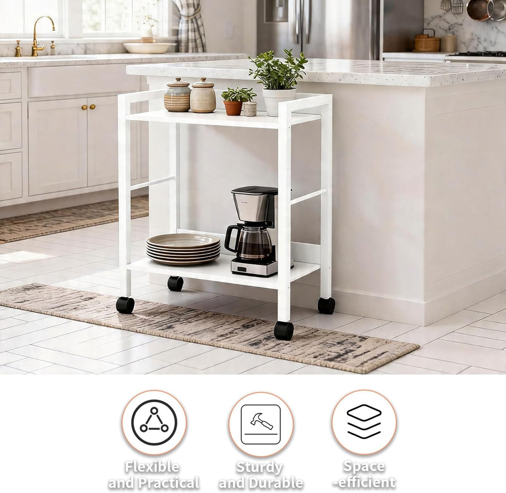 Rolling Side Table & Nightstand, 2-Tier Industrial Sofa Table with Wood Shelves on Wheels, Mobile End Table, Small Storage Cart for Living Room, Bedroom, Office.White