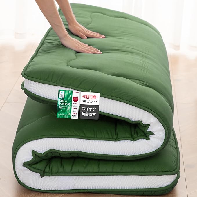 Japanese Floor Mattress, 4" Japanese Futon Mattress, Foldable & Portable Shiki Futon (shikibuton), Roll Up Thicken Sleeping Tatami Mat Sleeping Pad for Camping (Green, 54 x 80)