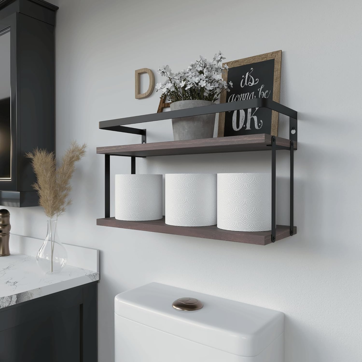 RICHER HOUSE Dual-Level Guardrail Bathroom Shelves, Wood Floating Shelf Wall Mounted, Over Toilet Paper Storage Shelf for Bathroom Wall Decor, Bathroom Organizers and Kitchen Storage - Rustic Brown