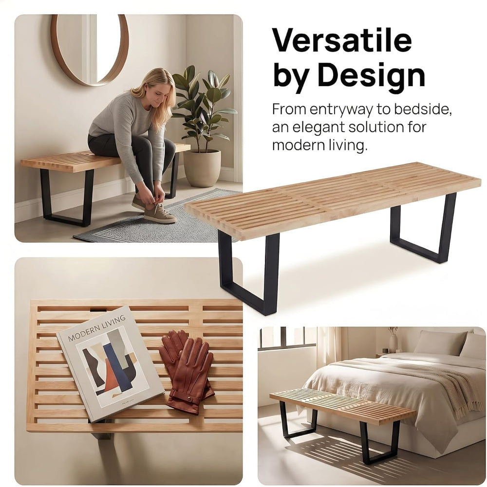 55" Natural Wood Entryway Bench, Industrial End of Bed Bench for Bedroom...