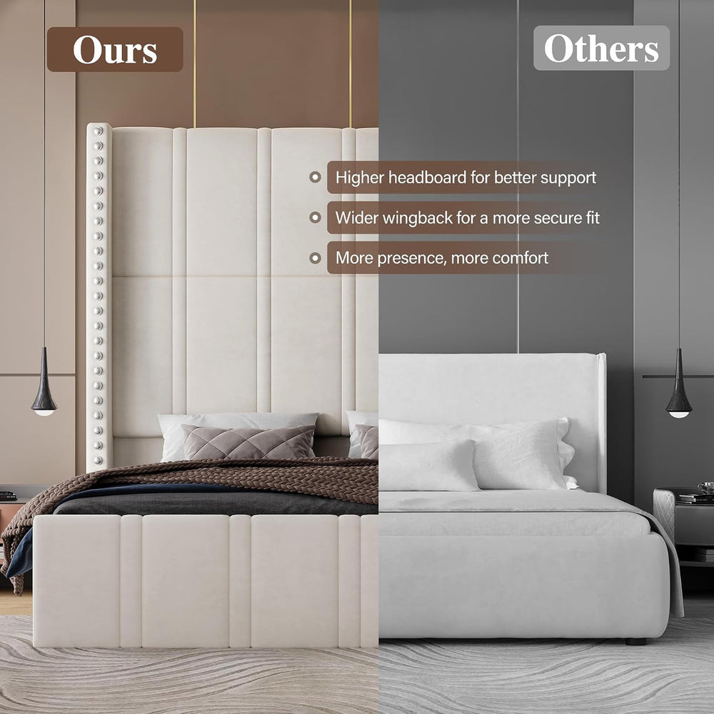 Queen Bed Frame with 65.75" Tall Headboard, Beige