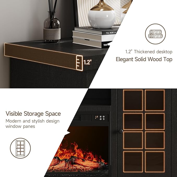 ONBRILL 59 Inch Fireplace TV Stand, Entertainment Center with 23 Inch Electric Fireplace, TV Table for TVs up to 65 Inches, Media Console Cabinet with Storage and Glass Doors for Living Room, Black