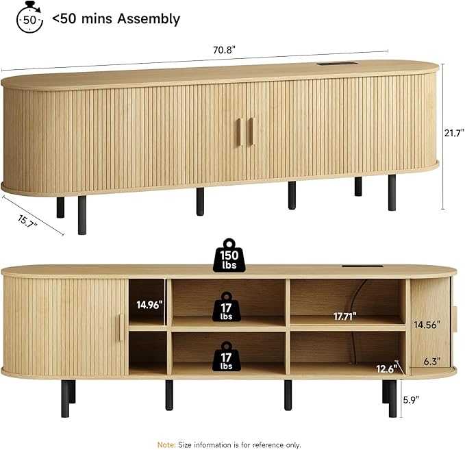 ONBRILL 70.8" TV Stand with Power Outlet for TVs up to 75 Inch, Entertainment Center with Storage and Adjustable Shelves, Modern Media Console with Sliding Doors for Living Room, Oak