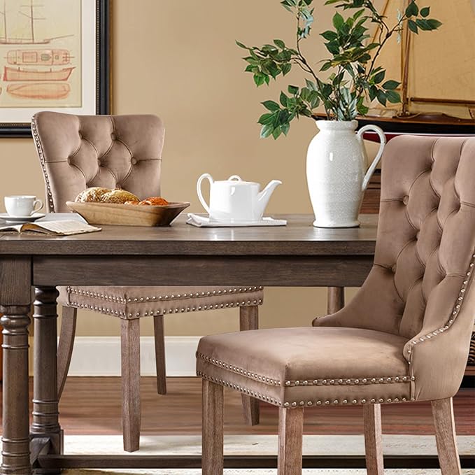 Velvet Upholstered Dining Chairs Set of 6, Modern Style Kitchen Side Chairs with Nailhead Trim and Wood Legs,Metal Pulling Ring for Dining Room Living Room(Khaki,Set of 6)