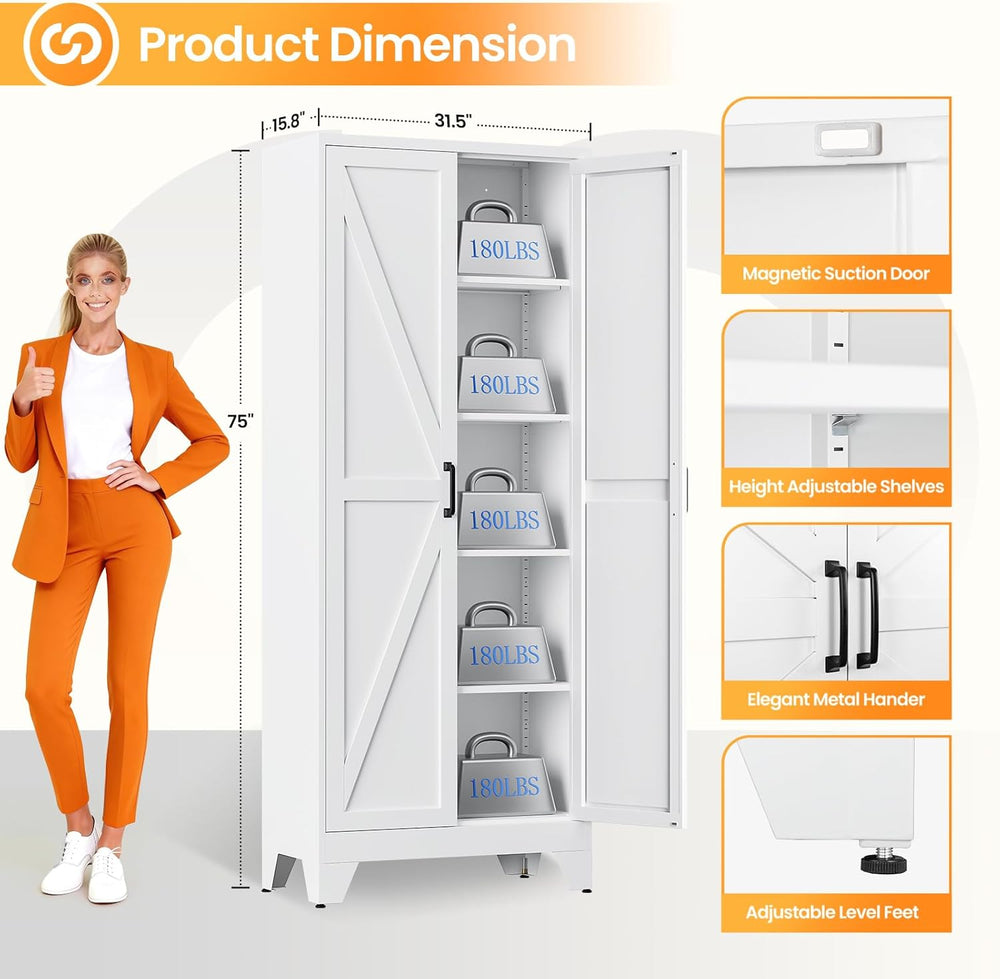 Metal White Storage Cabinet with 2 Doors and 4 Adjustable Shelves, 75" T...