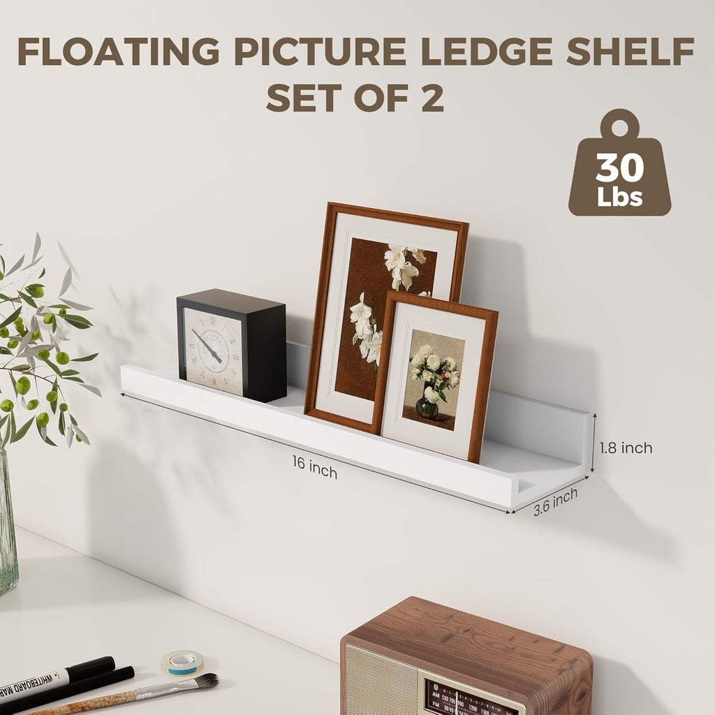 Axeman White Floating Shelves for Wall | Picture Ledge Shelf Set of 2 | Rustic Picture Shelf for Wall with Ledge | Small Floating Shelves with Lip | Photo Ledge Shelves for Books Album Records