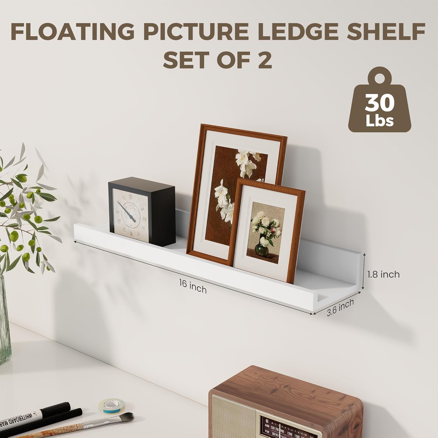 Axeman White Floating Shelves for Wall | Picture Ledge Shelf Set of 2 | Rustic Picture Shelf for Wall with Ledge | Small Floating Shelves with Lip | Photo Ledge Shelves for Books Album Records