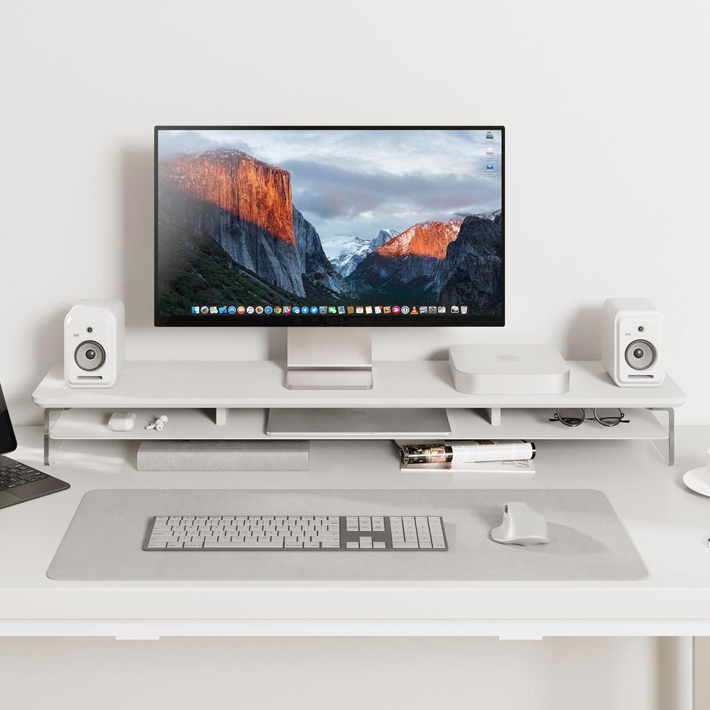 Fenge Acrylic Monitor Stand Riser, 42.5 Inches Dual Monitor Stand with Metal Storage, 2 Tier Acrylic Computer Riser for Desk, Clear Laptop Stand for PC, Laptop, Printer, TV, White