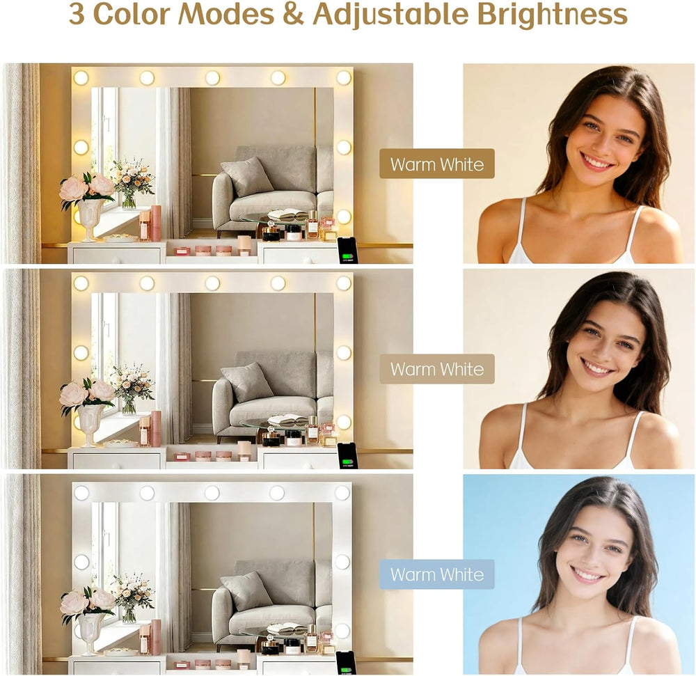 Haewon Vanity Desk Set with LED Mirror, Storage Chair, White Makeup Table | B...
