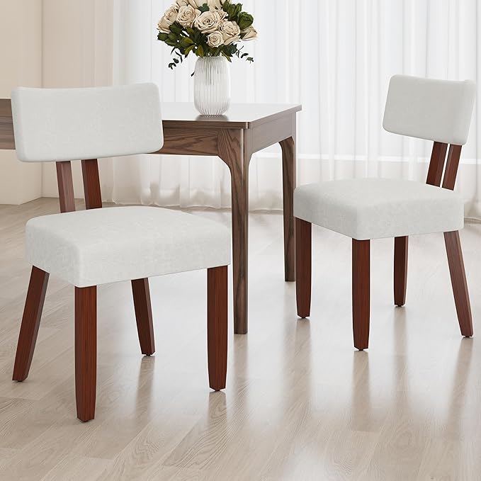 GOTMINSI Mid Century Modern Dining Chairs,Velvet Farmhouse Upholstered Kitchen Chairs, Accent Curved Backrest Dining Room Chairs with Hardwood Legs (Beige-Walnut Legs, 2PCS)