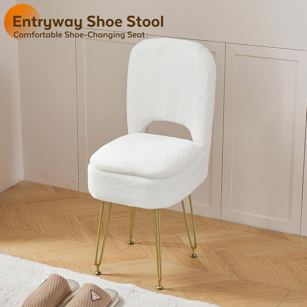 BRIAN & DANY Vanity Chair with Storage and Folding Back, Faux Fur Square ...