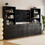 TUSY 71" Large TV Stand Set - TV Entertainment Center for TVs up to 65", Media Center with Tempered Glass Doors and Drawer, TV Hutch with Bookshelves for Living Room (Black, BEEB)