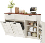 DWVO 58.3" Rustic Kitchen Island Storage Cabinet | Tilt Out Trash Can Cabinet, Farmhouse Kitchen Island with 3 Drawers, 2 Tilt-Out Doors for 10 Gallon Bins, Adjustable Shelf