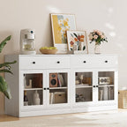 TUSY 71" TV Stand Storage Set - 2 Tall Bookcases & 2 Side Cabinets, Media Console with Glass & Wood Doors, Entertainment Center with Drawers, Tall Media Console for Living Room (White, AFFA)