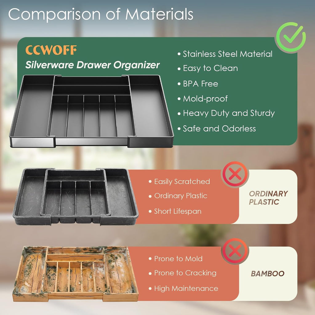 Silverware Drawer Organizer, 9 Slots Expandable Kitchen Drawer Organizer | Extra Large Utensil Holder & Cutlery Tray, Heavy Duty Stainless Steel Frame Flatware Organizer, Non-Slip Feet Included, Black