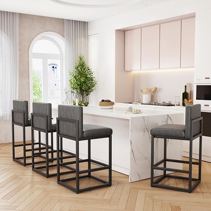 Barstools Set of 4 Grey Metal Bar Stools Modern Bar Chairs Pu Leather for Kitchen Island Counter Height Cafe Resturant Stools, 26 Inch