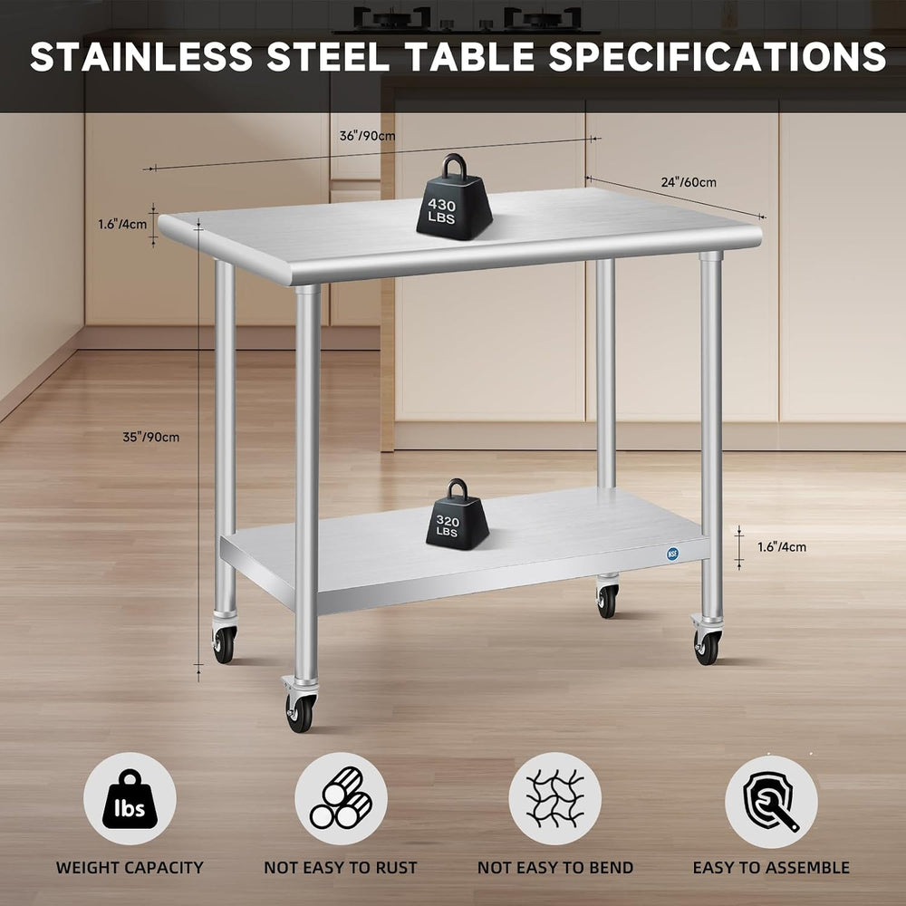 Stainless Steel Table with Wheels 24 x 36 Inch Commercial Stainless Steel Pre...