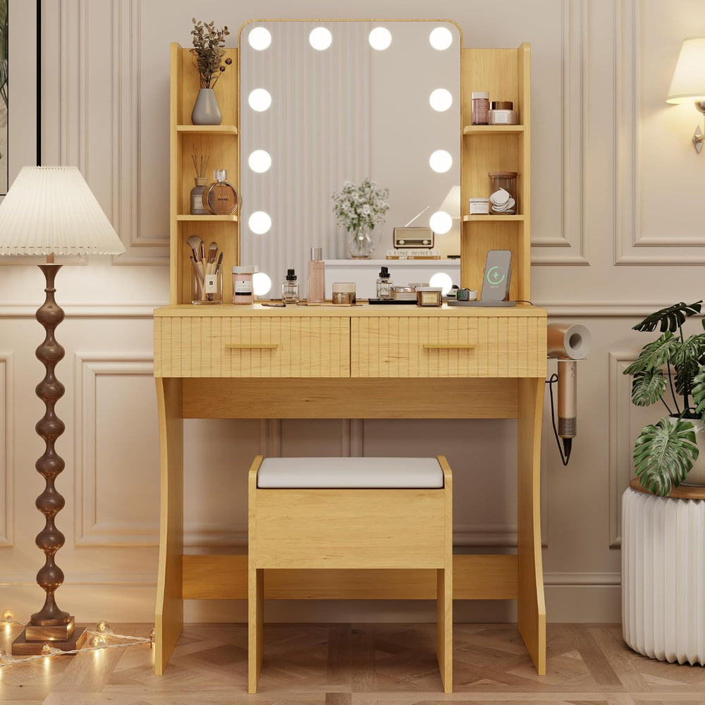 Otterease 31" Makeup Vanity Desk with LED Mirror and Storage Stool, Natu...