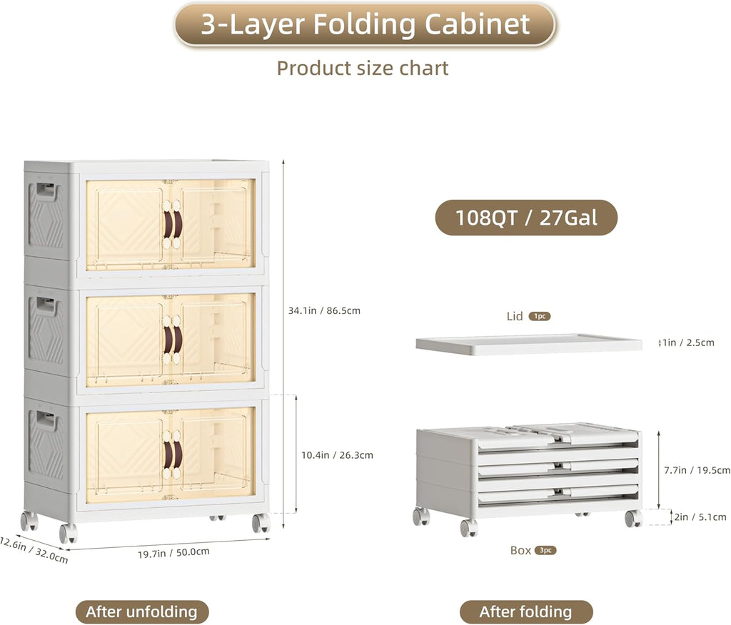 108 QT / 27 Gal Magnetic Double Door Cabinet with Wheels - Foldable Stackable Design, Leather Handles, Water Resistant Organizer for Bathroom, Kitchen