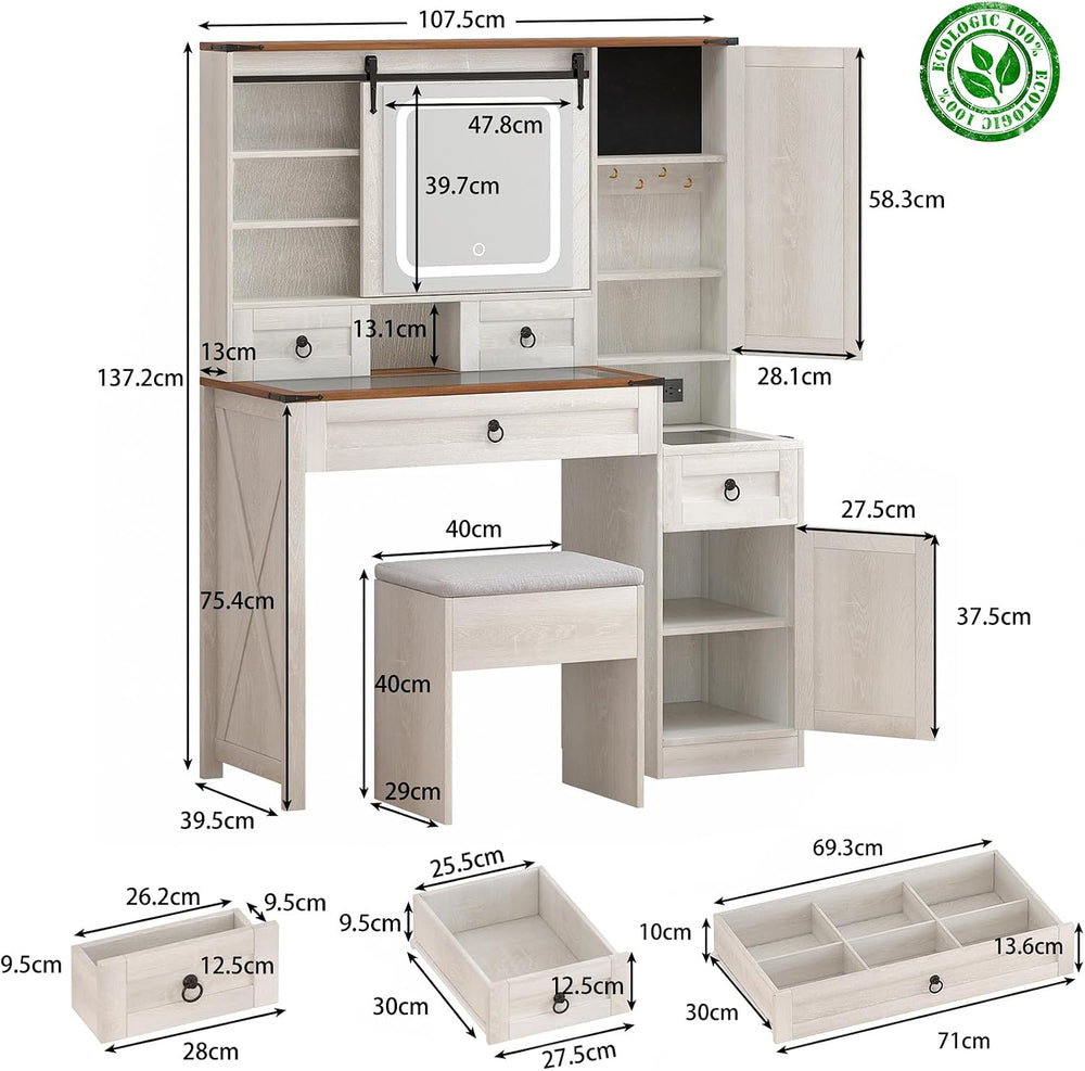 Farmhouse Makeup Vanity Desk with Sliding Mirror and Lights, 42 Wood Vanity T...