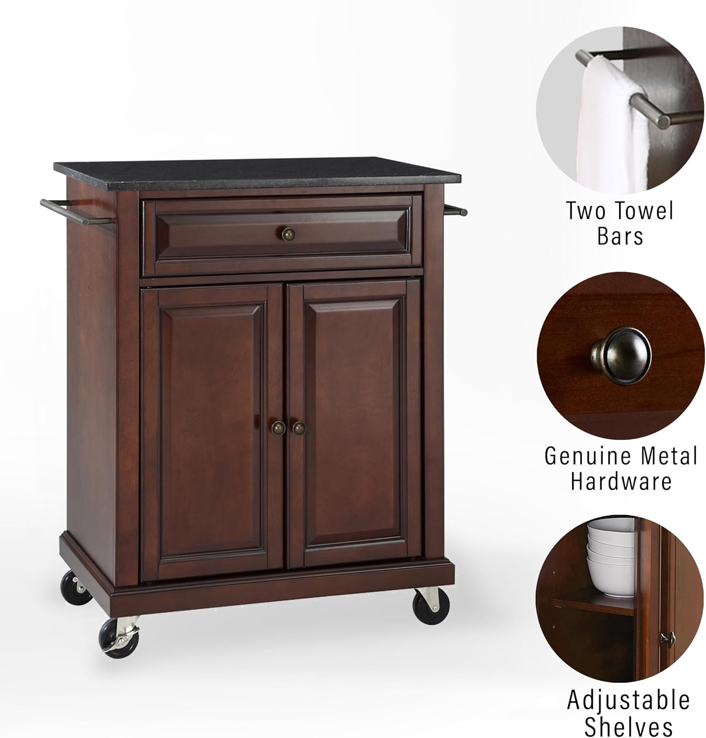 Crosley Furniture Compact Granite Top Small Rolling Cart with Shelves, Microwave Stand with Towel Rack, Mahogany