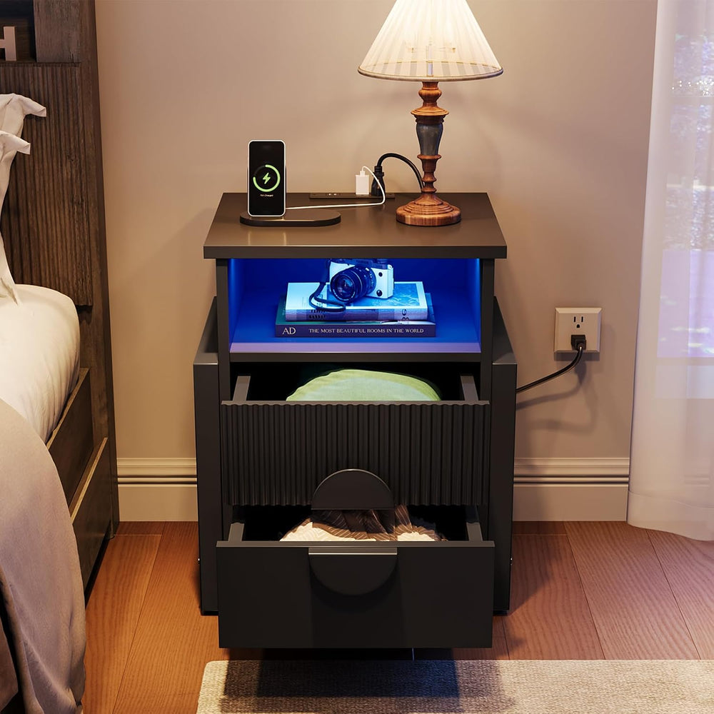 LGHM Set of 2 Fluted Nightstand with Charger Station Strip Lights, 20.47&quot...