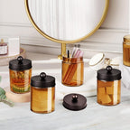 Amolliar Bronze Glass Apothecary Jar With Metal Lid & Stickers, Bathroom Qtip Dispenser Storage Canister, Perfect for Cotton Balls, Cotton Swabs, Makeup Pads, Bath Salt, Floss,4 Pack (Bronze)