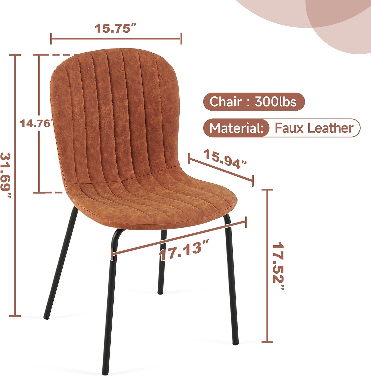 Dining Chair Set of 4, Upholstered PU Leather Seat with Black Metal Legs,Modern Comfortable Kitchen Chair, Curved Backrest Dining Chair for Dining Room Living Home(Mid-Century Brown)