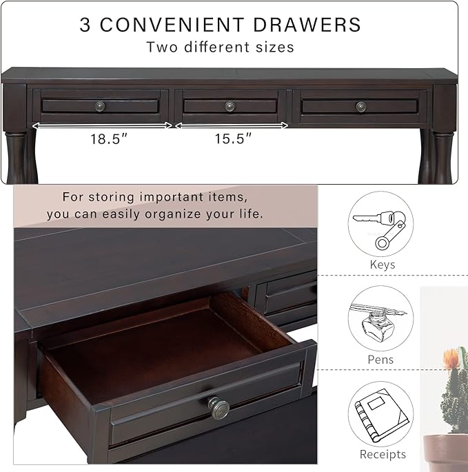 Merax 64" Classic Wood Console Table with Drawers and Bottom Shelf for Entryway Hallway Living Room (Espresso)
