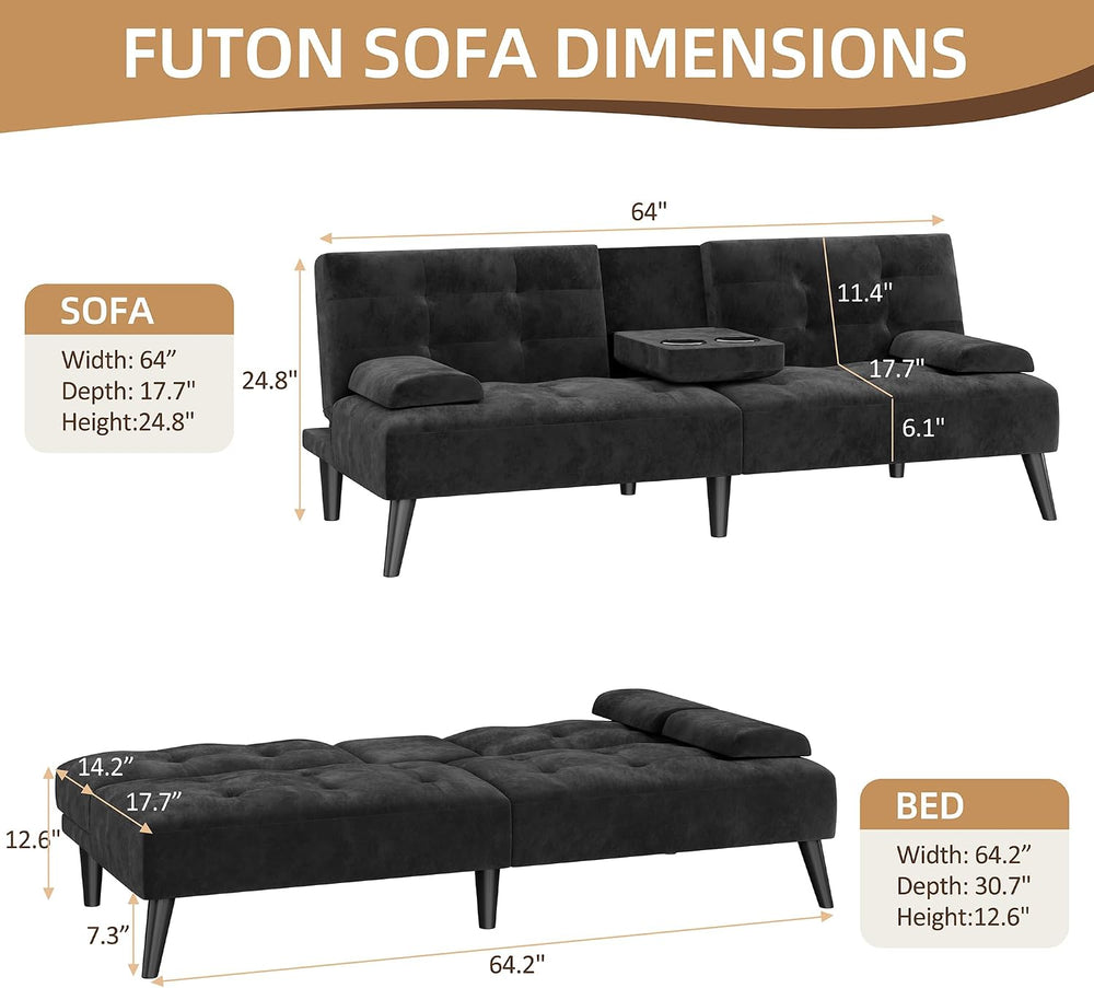 Shintenchi 64" Futon Sofa Bed, Velvet Foldable Couch, Upholstered Lovese...